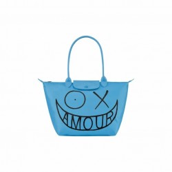 Women Longchamp X André Joint Le Pliage 31 Graffiti Printed Canvas Shoulder Bag Blue