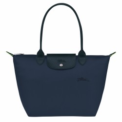 Women Longchamp Le Pliage Green M Tote Bag Recycled Canvas Navy