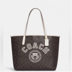 Women Coach City Tote in Signature Canvas with Varsity Motif Chalk