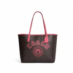 Women Coach City Tote in Signature Canvas with Varsity Motif Pink