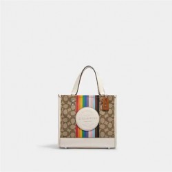 Women Coach Dempsey Tote 22 In Signature Jacquard With Rainbow Stripe And Coach Patch