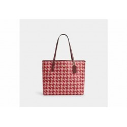 Women Coach City Tote with Houndstooth Print Pink Red