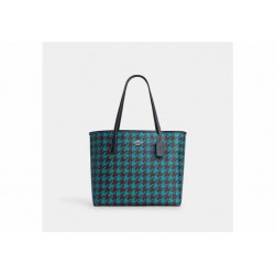 Women Coach City Tote with Houndstooth Print Teal Wine