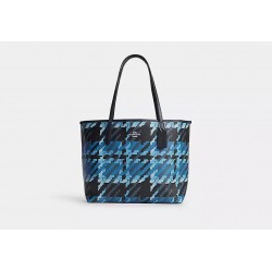 Women Coach City Tote with Graphic Plaid Print Blue Multi
