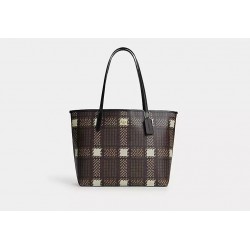 Women Coach City Tote with Brushed Plaid Print Brown Multi