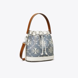 Women Tory Burch T Monogram Denim Bucket Bag Pearl Blue