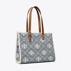 Women Tory Burch Small T Monogram Denim Tote Pearl Blue