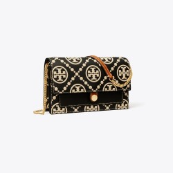 Women Tory Burch T Monogram Contrast Embossed Chain Wallet Black