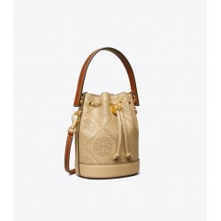 Women Tory Burch Mini T Monogram Perforated Leather Bucket Bag Almond Flour